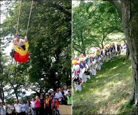 법성포단오제의 대표적인 행사 가운데 하나인 그네뛰기와 당산제. 숲쟁이공원의 나무그늘 아래서 열린다. 